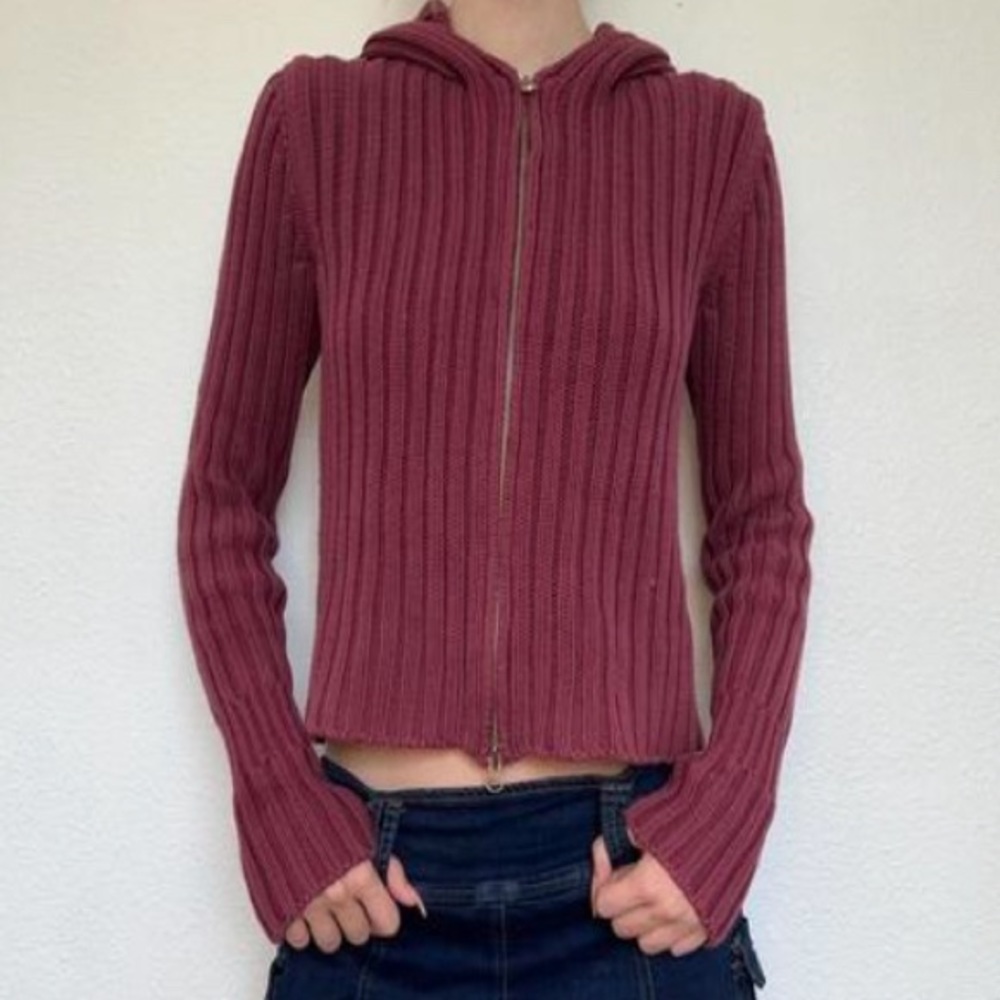 INC International Concept Burgundy Turtle Neck Zip Up Knitted Sweater Hoodie